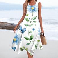 Women's Sleeveless Floral Print Midi Dress Elegant Summer Casual A-Line Sundress for Beach and Party L armijos žalia spalva