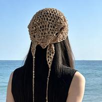 French Retro Crochet Bandana Sequin Knit Triangle Scarf Sweet Hair Wrap Head Kerchief Fashion Headband for Women 1 piece pack chaki