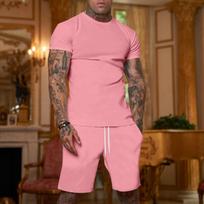Men’s Short Sleeve Crew Neck T Shirt and Drawstring Shorts Set Casual Two Piece Outfits for Daily Wear and Sports L rožinė
