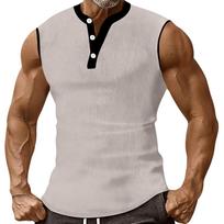 Men Sleeveless Henley Tank Top Button Front Ribbed Knit Muscle Fit Classic Pullover Athletic Shirt Casual Wear L smėlis