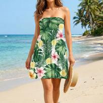 Strapless Tube Dress for Women Casual Sundress with Sunflower Print Summer Elastic Waist Above Knee Length Skirt L armijos žalia spalva