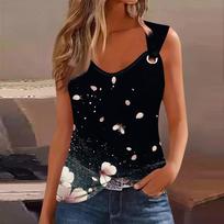 Women V Neck Tank Top Slim Fit T Shirt Floral Print Sleeveless Base Layer Tee Casual Stretchy Soft Fabric L juoda