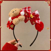 Sweet Cartoon New Year Headband Pony Little Bear Red Velvet Bow Hairband Red Hair Hoop Party Decoration XXS