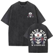 Badass Nurse with A Good Ass Washed Vintage Skeleton Gym Pump Cover Tshirts Mens Funny Fitness Workout Bodybuilding T Shirts S