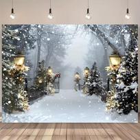 2D Snowy Christmas Lane Photography Backdrop Street Lamp Background Cloth 47.2x31.5inch/120*80cm