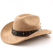Bull head imitation suede Western cowboy hat woolen jazz top hat ethnic style felt hat sunshade big eave hat One Size chaki