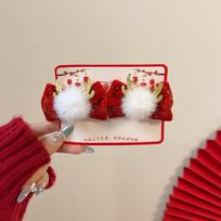 2Pcs RedHair-Velvet Glitter Fabric Clip Set, Tassel, Pom-Pom Detail,Traditional Festive Design, Women's Elegant Hair Accessory