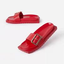 Women's Flat Square Buckle Slippers Bling Red Black Square Toe Women Slippers Summer 2024 Platform Mid Heels Slides Beach Shoes 36 raudona