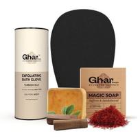 Ghar Soaps Exfoliating Body Gloves & Sandalwood Saffron Magic Soap 100Gm, Black| Chandan & Kesar Soap | Handmade Soap For Men & Women