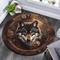 Steampunk Wolf Emblem Round Area Rug,Carpet Rug for Living Room Bedroom Sofa Playroom Decor,Non-slip Floor Mat 80cmx80cm