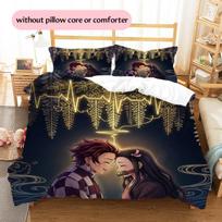 Tanjiro Kamado and Nezuko Pattern Bedding Quilt Set  Home Decoration  Gift (1 * duvet cover + 2 * pillowcase  without core) 135x200cm