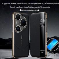 Huawei Pura90 Pro Max Flip Phone Case: Premium Cowhide Magnetic Smart Window Protective Cover. Huawei Pura90 Pro Max juoda aukso spalva