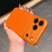 Full Coverage Drop-proof Faux Leather Case for Apple 17 Pro - Solid Color, Simple Design with Window 14 Pro Max oranžinė