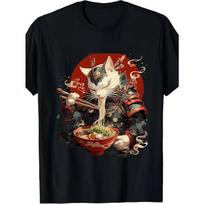 European Sizes Japanese Ukiyo-e Anime Samurai Cat & Ninja T-Shirt - Retro Manga Ramen Bowl Print, Round Neck Tee for Men S įvairiaspalvis