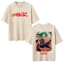 Washed Vintage Rock Band Gorillaz Face Graphic Tshirt Men Hip Hop Fashion T Shirt Mens Retro Oversized Short Sleeve Tshirts S