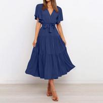 Women’s Summer Casual V Neck Short Sleeve Waist Tie Maxi Bohemian Dress with Tiered Skirt for Daily and Holiday Wear L mėlyna