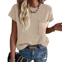 Women's Casual Loose Knit Sweater Top Short Sleeve Lightweight Pullover with Pocket, Perfect for Everyday Wear XL smėlis