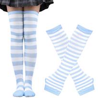 Women's Striped Over-the-Knee Thigh High Socks + Cuff Gloves , Soft Cotton Long Stockings for Cosplay & Daily Wear L oro pajėgų mėlyna spalva