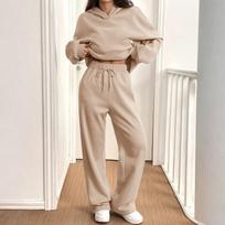 Women’s Long Sleeve Pullover Top and Wide Leg Pants Set Relaxed Fit Two Piece Outfit Casual Loungewear Tracksuit L smėlis