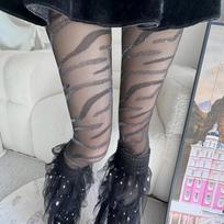 Silver Thread Animal Print Tights for Girl Sexy High Waisted Slimming Black Pantyhose Zebra Panther Streetwear Jacquard Sock 40-70kg(150-170cm) juoda