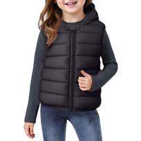 Kids Hooded Vest Lightweight Warm Outerwear Sleeveless Jacket for Boys Girls Winter Fall Spring School Travel 100 juoda