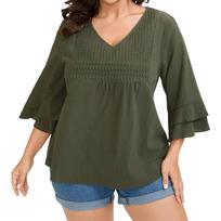 Women’s V Neck 3/4 Sleeve Blouse with Pleated Front and Layered Ruffle Sleeves Loose Fit Casual Top L armijos žalia spalva