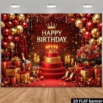 2D Queen Themed Red Gold Birthday Backdrop Champagne & Roses Photography Background 47.2x31.5inch/120*80cm