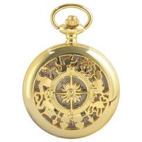 Luxury Retro Popular Gold Pocket Watch Hollow Skeleton Compass Design Quartz Pendant Necklace Watch for Gifts CF1802 auksas