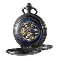 PJX1704 New Black 2 Sides Open Case Luxury Mens Pocket Watch Mechanical Hand-winding Necklace Clock Business Exquisite Male Gift juoda