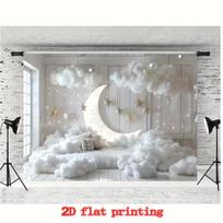 2D Flat Printing Neutral Moon & Cloud Backdrop with Twinkling Stars Baby Gender Reveal Background 47.2x31.5inch/120*80cm