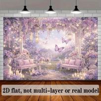 2D Purple Floral Gazebo Backdrop with Butterflies & Lights for Wedding & Party Photography Background 47.2x31.5inch/120*80cm