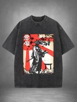 Cotton Mens Japanese Samurai Illustration Print Washed TShirt Fashion Short Sleeve Summer Holiday Tees Casual Hiphop Tops S