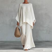 Fashion Linen Loose Long-sleeved Wide-leg Trousers 2-piece Set Women Spring New Casual Retro Elegant Female Simple Trousers Suit XS balta