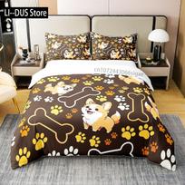 Little Corgi Cartoon Hearts Background, Dog Lover Bedding Set, 3 Piece Decor Quilted Cover with 2 Pillow Shams, Queen Full Size 135x200cm