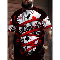 Men's black short sleeve T-shirt with playing cards and skull graphic, perfect for street style and party situations, plus size S