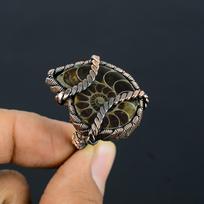 Ammonite Fossil  Gemstone Copper Wire Wrapped Handmade Jewelry Ring For Her 4 žalia