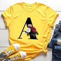 Hot Selling Large Size Flowers 26 English Letters Black Fashion Trend Print Men's and Women's Casual Yellow T-shirt Short Sleeve S
