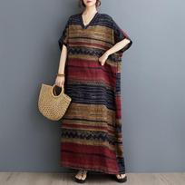 Summer Thin Cotton Linen V-neck Artistic Loose Fit Plus Size Simple Vacation Style Mid Length Dress for Women one size