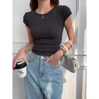 Moteriški marškinėliai trumpomis rankovėmis pavasariui ir vasarai liekninantys dizaino pojūtis nišiniai kortų liemuo liemuo yra pečiai drabužiai S tamsiai pilka spalva