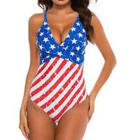 Women Monokini Deep V-Neck Sleeveless High Waist One-piece Bikini Splicing Print Sling Beach Vacation S indigo