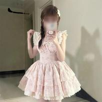French sweet pink small flying sleeves floral dress women's summer small man waist fugitive princess fluffy short dress S- (can be worn within 45kg) rožinė