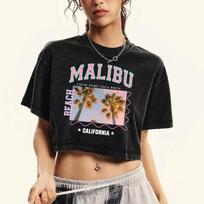 Malibu Coconut Tree California Printed Washed Tee Shirt Women Fitness Summer Tops Retro Short Sleeve Cotton Clothing M