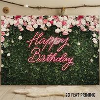 2D Flower Hedge Birthday Backdrop, Pink Rose Top & Neon Sign Photography Background 47.2x31.5inch/120*80cm
