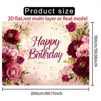 2D Happy Birthday Backdrop Burgundy Pink Floral Gold Glitter Photo Banner Party Decor Background 47.2x31.5inch/120*80cm