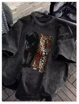 Vintage Washed Tshirt with Red Boots Sunglasses Gold Leopard Print WomenS Clothing Summer and Spring RoundNeck Casual Tops S