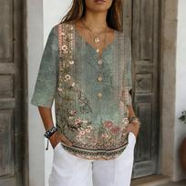 Women’s V Neck Button Down Blouse with Leaf Print Three Quarter Sleeve Loose Fit Casual Shirt for Daily Wear Office Travel L armijos žalia spalva