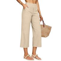 Women Loose Fit Cropped Pants with Pockets Button Decor Comfortable Wide Leg Trousers Casual Elastic Waistband Design L smėlis