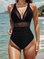 Solid Color Mesh Backless Sexy One Piece Bikini Swimsuit Fashion Elegant Beach Vacation Wear S