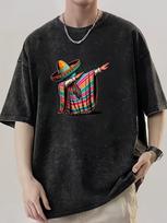 Vintage Distressed Dabbing Mexican Sombrero Print T Shirt Retro Washed Short Sleeve Tee For Men Women Streetwear S