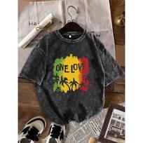 Vintažiniai prausti juodi marškinėliai ONE LOVE Rasta Reggae Palmių medžio grafika Laisvo kirpimo trumparankoviai viršutiniai drabužiai vyrams ir moterims S